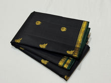 Saranga- Gorgeous Black with Dark Emerald Green Small Borders with Bird Buttas Kalakshetra Kili Pallu and Contrast Zari Striped Blouse Handwoven Pure Kanjivaram Silk Saree