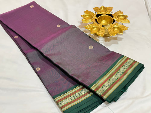 Dual tone green with purple with bottle green buttas and pichwai pallu Handwoven Pure Zariless Kanchipuram Silk Saree Beauty