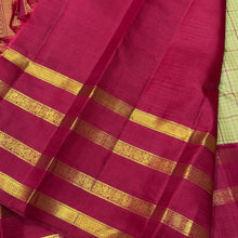 Vaibhogam- Stunning Pastel Green with Arakku Red Handwoven Pure Jari Korvai Kanjivaram Silk with Checked body and tetrapet beautifully woven borders rich finely woven pallu and contrast woven blouse