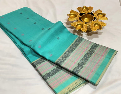 Turquoise Blue Green With Varisaipet Borders Buttas Body with rich pallu and contrast buttas blouse Handwoven Pure Zariless Soft Kanjivaram Silk Saree Beauty