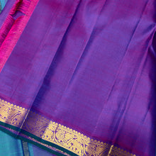 Nayaki- Gorgeous Peacock Bluish Green with Purple with Small borders Handwoven Pure Jari Kanjivaram Silk with rich seer pallu and contrast woven purple blouse