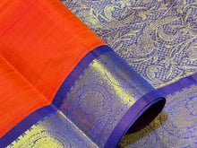 Orange with Violetish Blue Handwoven Pure Jari Korvai Kanjivaram Silk Saree Beauty