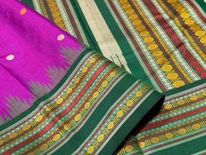 Vadamalli Purple with Bottle Green Korvai with Buttas Varisaipet with temple borders Handwoven Pure Zariless Kanjivaram Silk Saree Beauty
