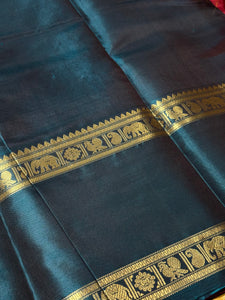 Deep Beetlenut Brown with Teal Blue Buttas with Doublepet Borders Handwoven Pure Jari Kanchipuram Silk Saree with Single Peacock Pallu Beauty