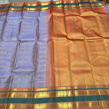 Sahana- Gorgeous Light Lavendar with Peach Handwoven Pure Jari Kanjivaram Silk with Jari Veldhari woven body with Rettapet borders gorgeous pallu and contrast peach blouse with jari stripes