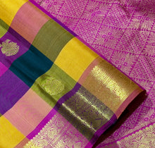 Sahana- Stunning Palum Pazhamum Multichecks with Gandaberund Buttas Handwoven Pure Jari Kanjivaram Silk with rich borders pallu and contrast woven jari striped pink blouse