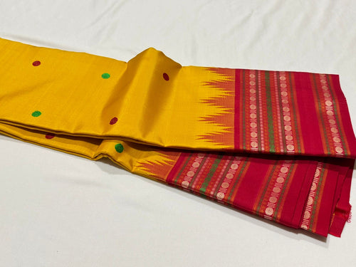 Yellow with Red Korvai with Buttas Handwoven Pure Zariless Temple Varisaipet Border Kanjivaram Silk Saree Beauty