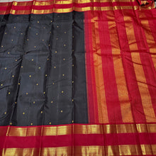 Vaibhogam -Stunning Black with Red Handwoven Pure Jari Kai Korvai Kanjivaram Silk Saree with Doublepet Borders woven body with beautiful small buttas woven all over with rich pallu and contrast woven blouse