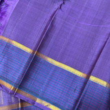 Sahana- Gorgeous Deep Blue with Lavender Muthukattam Handwoven Pure Jari Kanjivaram Silk with bodi borders rettapet with middle striped portion with rich pallu and contrast woven lavender blouse