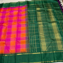 Sarasangi- Palum Pazhamum Checks Handwoven Pure Jari Korvai Kanjivaram Silk with jari kattam woven body beautiful bottle green borders pallu and contrast jari striped blouse