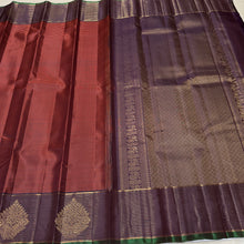Sahana- Stunning Rust with Deep Brown Handwoven Pure Kanjivaram Silk with striped body border buttas rich pallu and contrast woven blouse