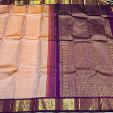 Sarasangi- Gorgeous Sandal with Deep Purple Handwoven Pure Jari Korvai Kanjivaram Silk with beautiful yazhis and annapakshis woven borders rich pallu and contrast woven blouse