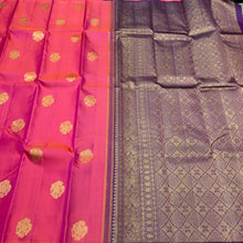 Saranga- Beautiful Dual tone Orange Pink with Deep Beetlenut Purple Handwoven Pure Borderless Pure 2g Jari Kanjivaram Silk with Muthukattam with Elephant buttas woven body with rich pallu and contrast woven blouse