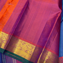 Sahana- Stunning Peacock Blue with Rustic Orange Buttas Handwoven Pure Jari Kanjivaram Silk with beautiful borders with green selvedges rich pallu and contrast woven blouse