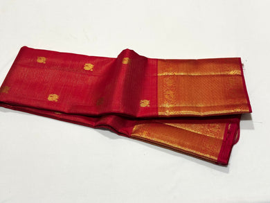 Red with Gold Vairaoosi with Mayil Chakram motifs with broad borders rich pallu and self blouse in a beautifully handwoven kanjivaram silk saree