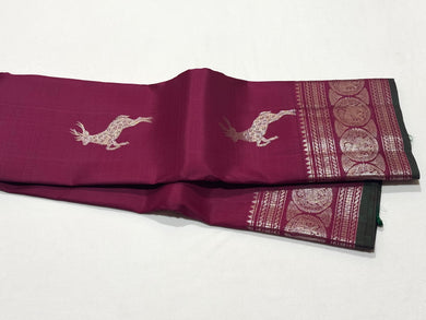Dual tone Maroonish Magenta with Silver Jari Deer Motifs Handwoven Pure Kanjivaram Silk Saree with rich elephants woven borders beauty