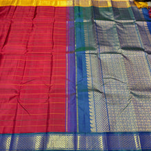 Vaibhogam- Beautiful Deep Red with Ganga Jamuna Neli Veldhari with Araimadam Borders Handwoven Pure 2g Jair Korvai Kanjivaram Silk with beautiful body borders rich pallu and contrast woven blouse