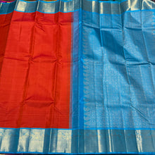 Orange with Copper Sulphate Blue Handwoven Pure Jari Korvai Kanjivaram Silk Saree Broad Borders Beauty