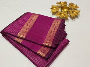 Deep Wine with Gold Handwoven Pure Jari Kanjivaram Silk Saree with Jari Checked body and Kalakshetra Kili Pallu Beauty