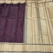 Saraswati- Gorgeous maroon and black striped handwoven pure premium zariless korvai kanjivaram silk with offwhite rudrakshas woven rettapet borders rich seer pallu and contrast woven blouse