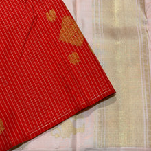 Saranga- Classic Orangish Red with Baby Pink Borderless Handwoven Pure 2g Jari Kanjivaram Silk with beautiful checks and buttas woven beautiful body with rich pallu in baby pink color with contrast baby pink blouse