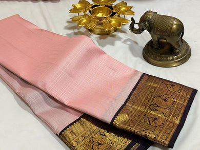 Soft Pink with Kanchana Blackish Blue Muthukattam Body Korvai Handwoven Pure Jari Kanjivaram Silk Saree Beauty