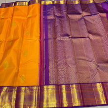 Vaibhogam- Gorgeous Mambazham Yellow with Purple Handwoven Pure Jari Korvai Kanjivaram Silk With Buttas woven body with Long and Short beautiful rich borders pallu and contrast woven blouse