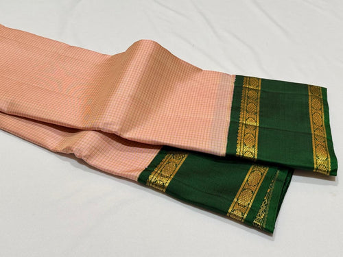 Peach with Bottle Green Podikattam checks Handwoven Pure Jari Korvai Kanjivaram with Rettapet Borders Beauty
