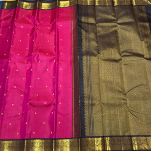 Tomato  Pink with Black Buttas Handwoven Pure Jari Korvai Kanjivaram Silk Saree Beauty