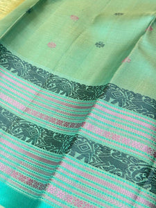 Turquoise Blue Green With Varisaipet Borders Buttas Body with rich pallu and contrast buttas blouse Handwoven Pure Zariless Soft Kanjivaram Silk Saree Beauty