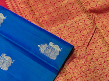 Peacock Blue with Red Borderless Muthukattam with Buttas woven body in a gorgeous Handwoven Pure Jari Kanjivaram Silk Saree with rich pallu and contrast woven blouse beauty