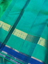 Sarasangi- Stunning Lemon Yellow with Aqua Green Blue Shade with Temple Spaced Borders Handwoven Pure Jari Korvai Kanjivaram Silk with rich seer pallu and contrast woven blouse. A super gorgeous piece for this wedding and festival season