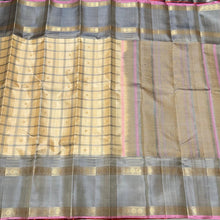 Ivory Cream with Grey Handwoven Pure Zariless 1000 Buttas Style Checked Soft Kanjivaram Silk Saree with Doublepet rudrakshas borders beauty