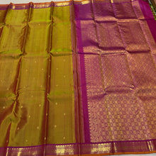 Sahana- Gorgeous Golden Double tone Sampanga mustard shot green tint with Purplish Pink Buttas Handwoven Pure Jari Kanjivaram Silk with Small intricate borders with orange selvedges rich pallu and contrast woven blouse