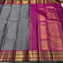 Sahana-Gorgeous Light & Dark Grey with Deep Magenta Handwoven Pure Jari Kanjivaram Silk in paimadi style woven body with rich varisai borders with green selvedged beautiful rich seer pallu and contrast woven blouse