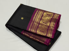 Stunning  Black with Deep Wine Mayil Chakram Buttas Handwoven Pure Jari Kanjivaram Silk Saree with Elephant motifs  woven rich borders gorgeously woven rich  pallu and contrast woven blouse