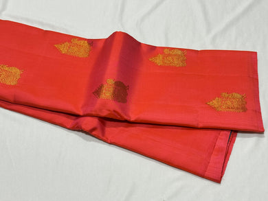 Bright Peach with Peacock Blue Green Muthukattam with Peacock Chariot Motifs Borderless Handwoven Pure Jari Kanjivaram Silk Saree Beauty