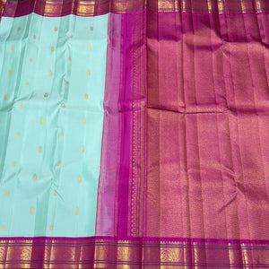 Turquoise Green with Fuchsia Pink Korvai with Buttas Handwoven Pure Jari Kanjivaram Silk Saree Beauty