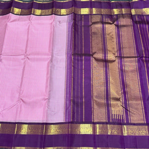 Pink and Purple Checks Handwoven Pure Jari Korvai Kanjivaram Silk Saree Beauty