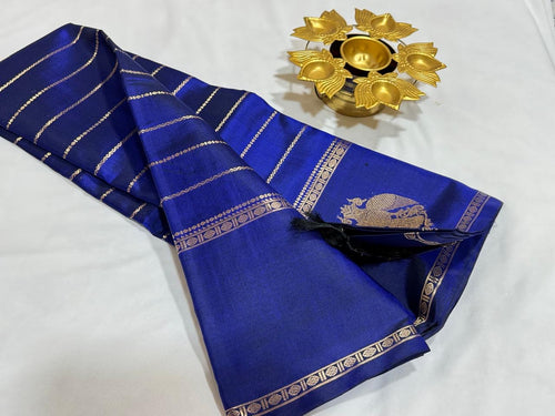 MS Blue Handwoven Pure Kanjivaram Silk Saree with Jari Neli Beldhari woven body with rich Gandaberunda and Yazhis buttas woven borders rich Pallu and self colored blouse