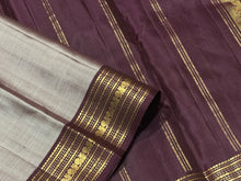 Greyish Abirami with Deep Purplish Brown Handwoven Pure Kanjivaram Silk Saree with intricate borders classy seer pallu and contrast woven blouse