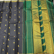 Saranga- Gorgeous Black with Dark Emerald Green Small Borders with Bird Buttas Kalakshetra Kili Pallu and Contrast Zari Striped Blouse Handwoven Pure Kanjivaram Silk Saree