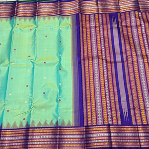 Pista Green with Violetish Blue Korvai with buttas Varisaipet Borders Handwoven Pure Zariless Kanjivaram Silk Saree Beauty