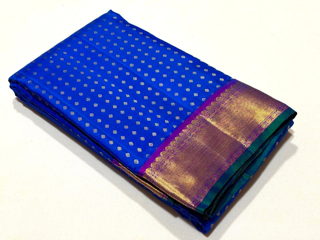 Royal Cobalt Blue with Purple Thodar Buttas Handwoven Pure Kanjivaram Silk Saree Beauty