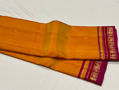 Mango Yellow with Magenta Pink Buttas Handwoven Pure Kanjivaram Silk Saree with intricate borders classy pallu and contrast woven blouse beauty