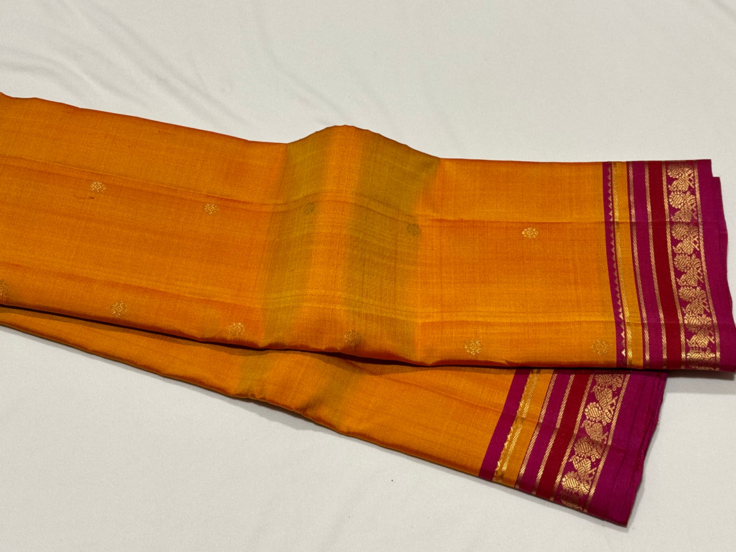 Mango Yellow with Magenta Pink Buttas Handwoven Pure Kanjivaram Silk Saree with intricate borders classy pallu and contrast woven blouse beauty