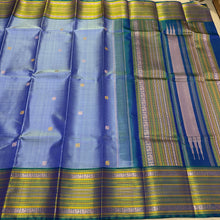 Saraswati- Powder Blue with Peacock Blue Handwoven Pure Zariless Premium Kanchipuram Silk with beautiful varisaipet borders rich pallu and contrast peacock blue blouse