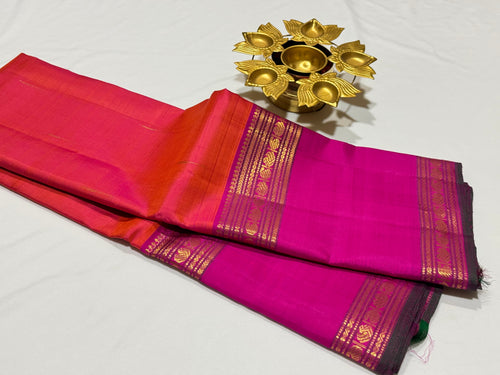 Orange with Pink Handwoven Pure Jari Kanjivaram Silk Saree with Doublepet Borders and Mallimoggu buttas Beauty