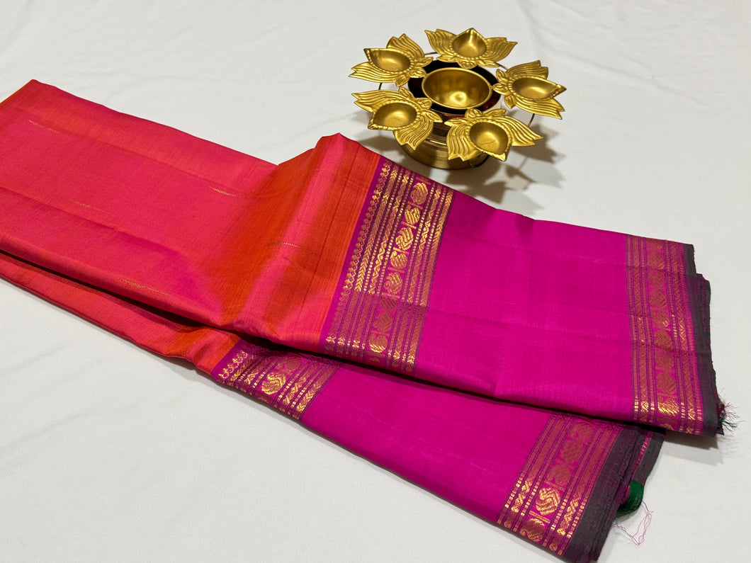 Orange with Pink Handwoven Pure Jari Kanjivaram Silk Saree with Doublepet Borders and Mallimoggu buttas Beauty