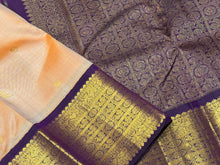 Vaibhogam -Mesmerizing Sandal with Purple Handwoven Pure Jari Korvai with Mayil and kuyil buttas Handwoven Kanjivaram with rich long and short borders beautiful pallu and contrast Purple Blouse
